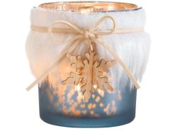 Großhandel ❤️ Kerzenglas mit weißem Fell "Silber" - 7/8 cm in blau ⌛